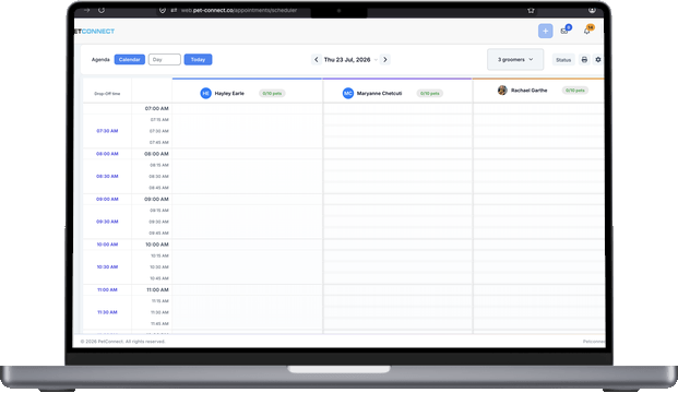PetConnect grooming calendar on desktop
