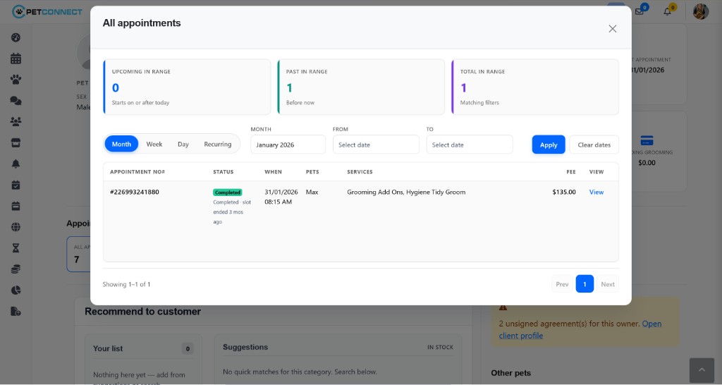 PetConnect appointments — all appointments modal with filters, status, and pet services