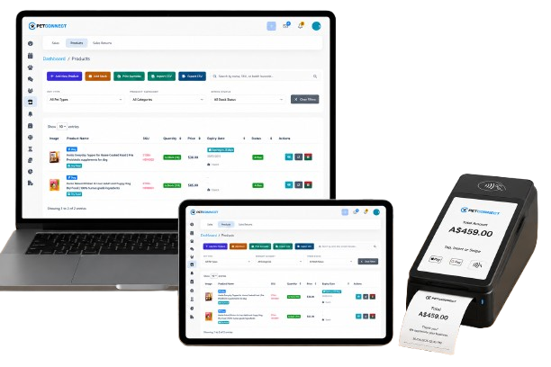 PetConnect retail products dashboard on laptop and tablet with catalog, stock, and POS actions